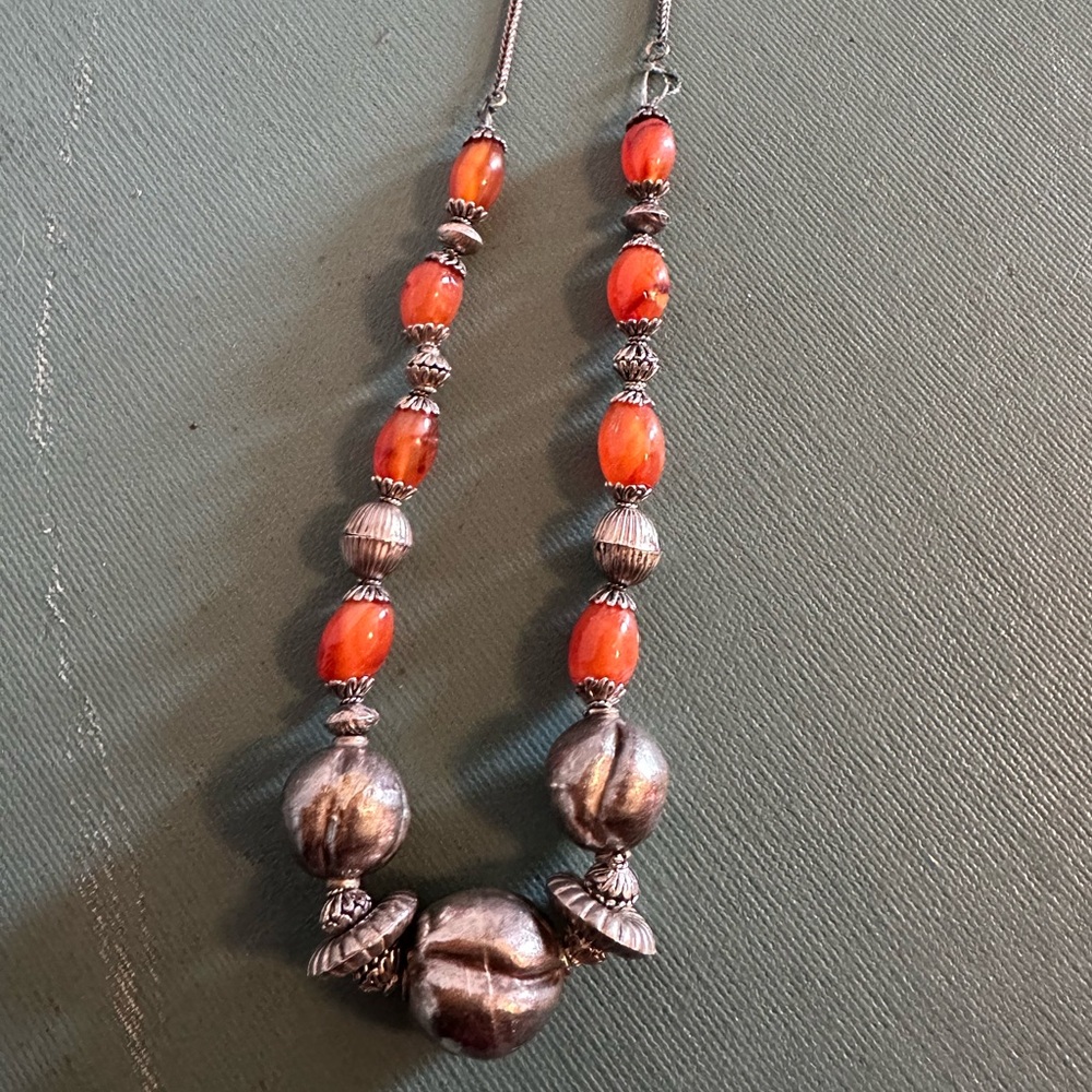Vintage Sterling Silver and Orange Genuine Carnelian Beaded Necklace